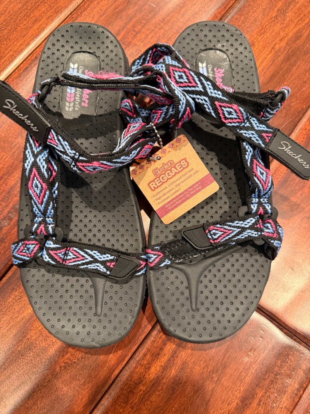 Skechers Black Sandals with Pink & Light Blue Geometric Straps